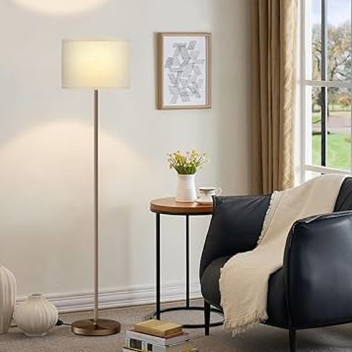 Ambimall 60'' Modern Floor Lamp with Shade, Tall Lamps for Living Room, Bedroom, Office, Dining Room, Beige Shade with Brown Pole(Without Bulb)