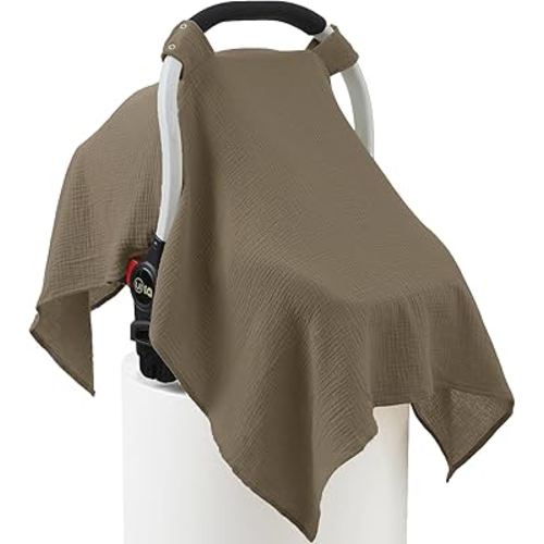 100% Muslin Cotton Car Seat Cover Baby, Carseat Canopy Cover, Universal Fit Stroller Covers for Boys and Girls (Coffee)