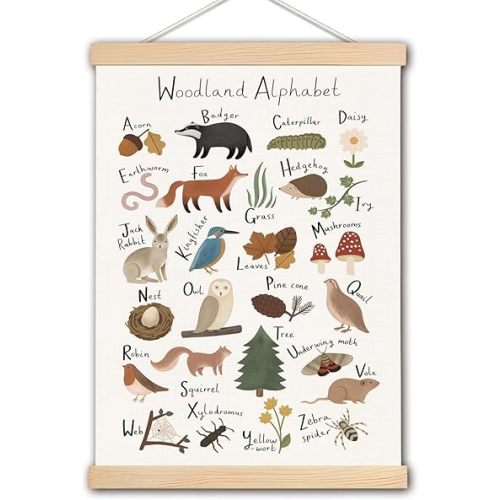 DNEULYR Woodland Animals Alphabet Nursery Wall Art Poster Framed, Woodland Nursery Decor, Alphabet Educational Canvas Wall Decor Prints for Classroom Toddler Kids Bedroom Playroom, 12x16 Inches