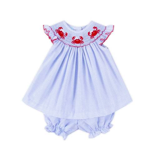 Crab Treasures Smocked Blue Stripe Angel Sleeve Bloomer Set