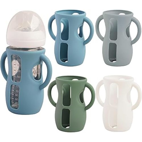 4 Pack Silicone Sleeves for Avent Natural Glass Baby Bottles, Anti Breakage Bottle Holder, Compatible with Philips Avent Glass Natural Baby Bottles (Blue+Gray+Green+White, 8 OZ)