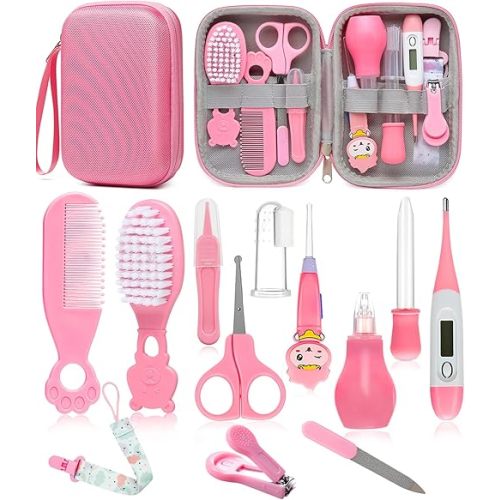 Baby Healthcare and Grooming Kit, Safety Newborn Nursery Care Set, with Hair Brush Comb, Nail Clipper, Thermometer, Pacifier Clip, Nasal Aspirator for Newborn Infant Baby Girls Boys (Pink.)