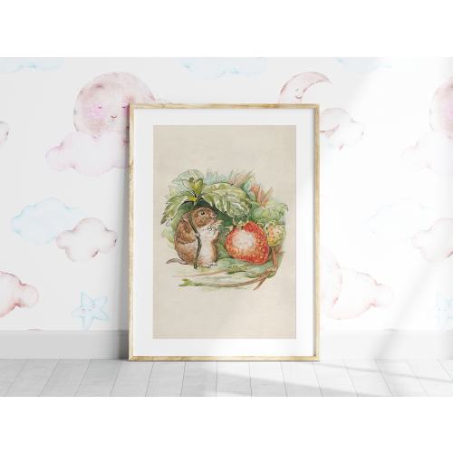 POSTER PRINTS | Antique Beatrix Potter Illustration of Cute Mouse Eating a Strawberry | Vintage Nursery Wall Art Decor | 112P