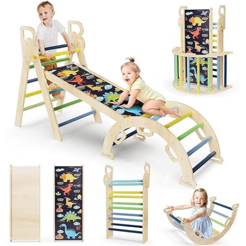7 in 1 Pikler Triangle Set, Foldable Climbing Toys for Toddlers, Wooden Baby Climbing Toys, Arch Climber Rocker, Montessori Indoor Jungle Playground for Kids 1-3, Blue Dinosaur