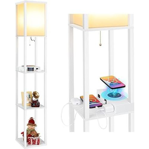 Mlambert Modern Shelf Floor Lamp with Wireless Charger & Fast Charging USB Ports & Type C Port & 2 Power Outlets,3 Tier Storage Lamp for Bedroom,White