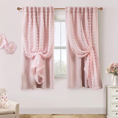 Pink Sheer Blackout Curtains 63 Inch Length,Romantic Soft Rod Pocket Blackout Girly Curtains for Bedroom