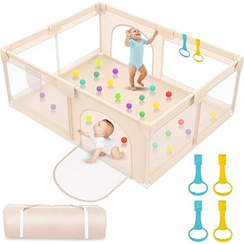 Playpen for Babies and Toddlers 71x59inch - Extra Large Baby Gate Playpen with Soft Breathable Mesh Cover - Indoor and Outdoor Baby Playpen - Portable Playpen for Babies (Apricot)