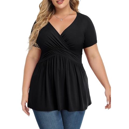 TIANZHU Women's Plus Size Dressy Tops Wrap Shirt Short Sleeve Tunic Top V Neck Low Cut Cute Blouse