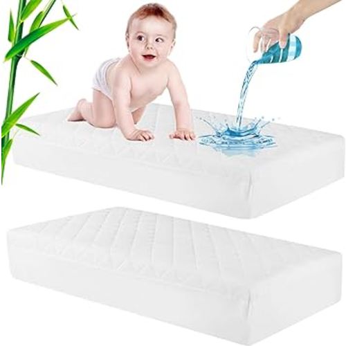 Waterproof Crib Mattress Protector, Baby Mattress Cover, Soft and Breathable Quilted Toddler Mattress Pad 52"×28", White, 2 Pack