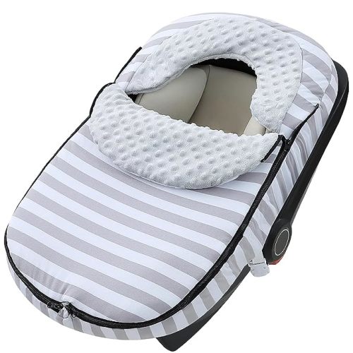 Car Seat Cover for Baby, Winter Resistant Car Seat Cover for Infant to Keep Warm, Super Soft Cotton and 3D Dotty Minky Cover for Stroller & Carseat, Grey and White Stripe - Grey Stripe