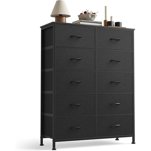 Sweetcrispy 10 Drawer Fabric Dresser Storage Tower with Bins, Tall Chest Organizer for Bedroom Closet Hallway, Steel Frame Wood Top Easy Pull Handles,Black