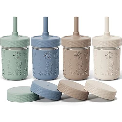 Fimibuke Toddler Cups Spill Proof, 8 OZ Sippy Cups for Kids Girl Boy, Stainless Steel Tumbler with Lid, Removable Silicone Straw & Sleeve, BPA Free Dishwasher Safe Water Bottle Snack Container 4 Pack