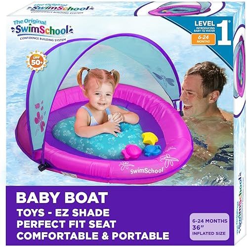 SwimSchool Infant Baby Pool Floats, Free Swimming, Super Buoyant – Ages 6-24 Months – Multiple Colors/Styles – Adjustable Canopies and Seats, Splash & Play Baby Floaties