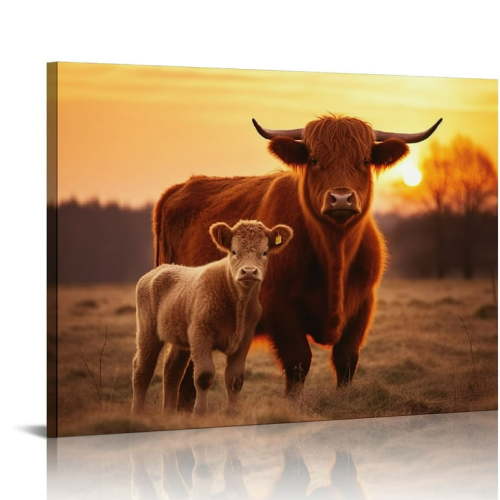 Nawypu Highland Cow Wall Decor Cute Fluffy Cow Cattle Pictures Wall Art Farmhouse Longhorn Animal Canvas Print Painting Framed Modern Home Artwork Decorations For Bedroom Bathroom Office Kitche