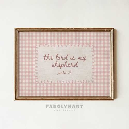 Psalm 23 Wall Art, The Lord is My Shepherd Scripture Print, Pink Gingham Christian Home Decor