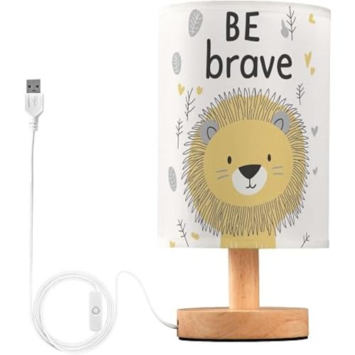 Be Brave Cute Lion Positive Inspirational Bedside Table Lamps with USB Port for Bedroom LampSmall Nightstand Lamp Sturdy Linen Shade Wooden Base Decorative Lamps for Nursery Kids Reading Dorm Home