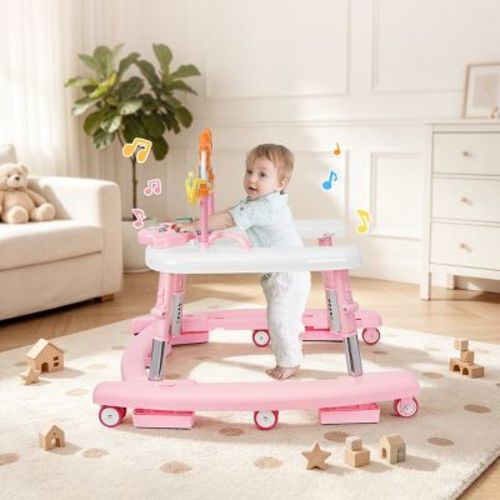 Kmaier 5-in-1 Foldable Baby Walker with Wheels, Music and Lights, 5 Adjustable Heights,Pink