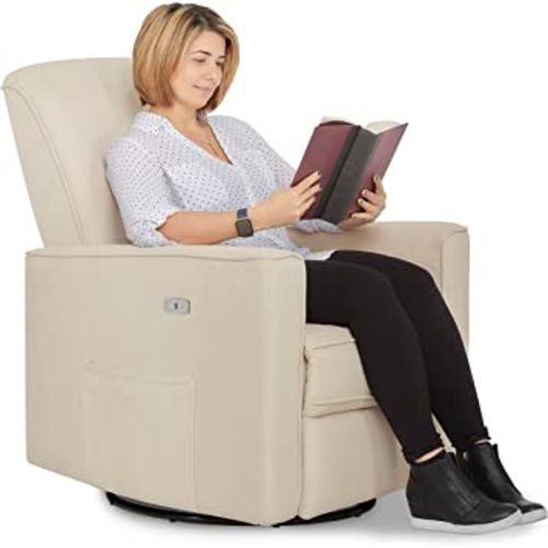 Evolur Harlow Deluxe Upholstered Plush Seating Glider Swivel, Power Recliner with USB Port, Greenguard Gold Certified, Glider Chair for Nursery in Shell, Modern Nursery Recliner