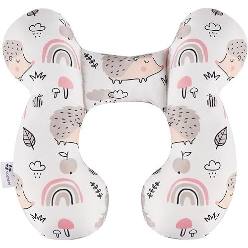 vocheer Baby Travel Pillow(Upgraded), Head and Neck Support Pillow for Pushchair, Car Seat,Stroller, Bouncer, Cotton（Hedgehog）