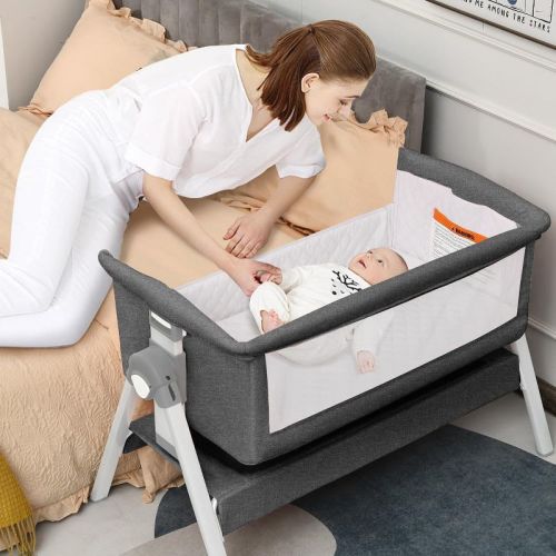Safstar Baby Bassinet Bedside Crib, Newborn Sleeper W/large Storage Basket, Adjustable Heights, Detachable & Washable Mattress