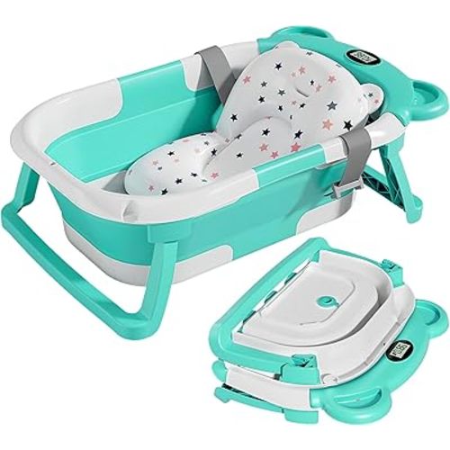 TPN Collapsible Baby Bathtub for Infants to Toddler with Real-time Temp Monitor+Floating Cushion,Foldable Baby Bath Tub Set Applicable 0-36 Month,Perfect Portable Travel Baby Tub for Newborns Boy