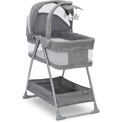 Simmons Kids City Sleeper Bedside Bassinet Portable Crib - Activity Mobile Arm with Nightlight, Vibrations, Twinkle Lights and Rotating Stars, Grey Tweed