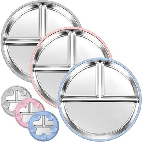 OVV Stainless Steel Kids Plates (3 Pack) 9 Inch Toddler Divided Plates with Removable Silicone Sleeves & 5 Suction Cups Baby Self Feeding | Mess-Free Mealtime | Dishwasher Safe