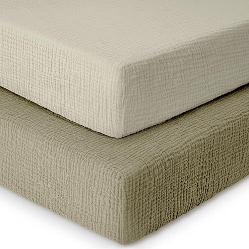 Cotton Mini Crib Sheets,Mini Muslin Crib Sheet,2 Pack,100% Cotton Crib Sheets,Soft,Breathable,Baby Crib Sheets,Girls,Boys,Pack n Play Sheets Fitted,24x38 Mini Crib Sheets | Olive and Ecru