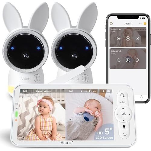 ARENTI Baby Monitor with 2 Cameras, 2K Smart Baby Camera with 5'' Upgraded Wireless Display, Super Night Vision, Breathing Light, Lullabies, Cry&Motion Detection, Temp&Humidity Sensor, 2 Way Audio