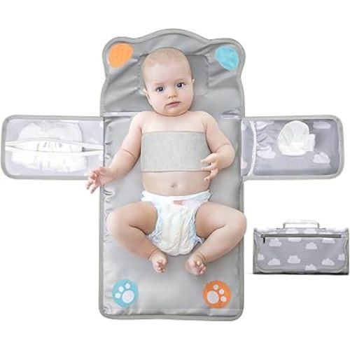 Portable Diaper Changing Pad Mat with Swaddle Wrap 3-in-1 Waterproof Foldable Lightweight Travel Station with Dual Storage Pockets, Built-in Pillow, Wipes Holder, Shower Gift for Newborns Girls, Boys
