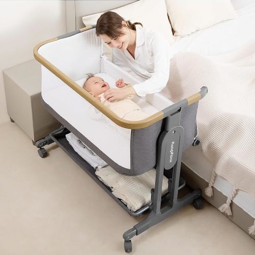 Maydolly Baby Bassinet, 3 in 1 Rocking Bassinets Bedside Sleeper with Storage Mattress and Wheels,7 Height Adjustable Folding Easy Portable Crib for Infant Newborn (Gray) - Grey1