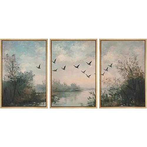 MUDECOR Framed Wall Art Print Set Birds Over Tranquil Waters Soft Sky and Verdant Trees Illustrations Modern Art Boho Decorative Colorful Chic for Living Room, Bedroom, Office - 16"x24"x3 NATURAL