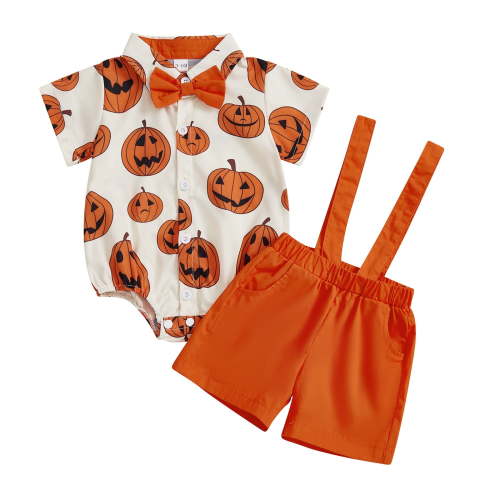 Vividxx Halloween Boys Outfits Sets Gentleman Two Piece Set Outfits Sets Pumpkin Short Sleeve Bowknot Romper Suspenders Shorts Casual Playwear Baby Boys Solid Color Fashion Dailywear
