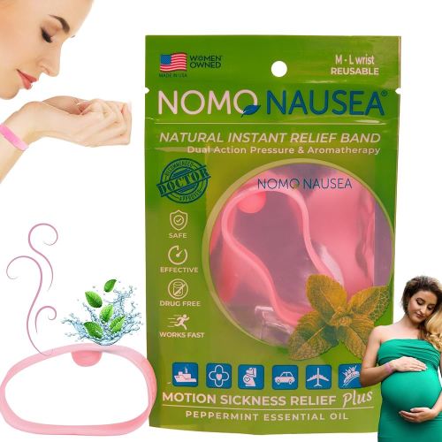 NOMO Nausea Bands Soothing scents C-Section/Postpartum/Pregnancy Bracelet | Motion Sickness Band with Peppermint Aromatherapy and Acupressure reliefband | Medium to Large Waterproof Sea-Band Mama | Pink | Pack of 2