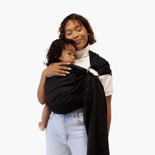 WildBird - Ring Sling Baby Carrier - Newborn to Up to 35 lbs - for Moms, Dads & Caregivers - 100% Natural European Linen Fibers - Versatile & Adjustable - 74” Size - Raven Fabric & Gold Ring