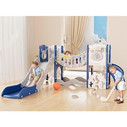 XJD Toddler Slide,11 in 1 Kids Slide for Toddlers 1-3, Toddler Climbing Toys,New Upgrade with Golf Set, Basketball Hoop for Indoor Outdoor Playset (Blue)