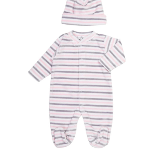 Pink Stripe Velour Footie & Hat Set