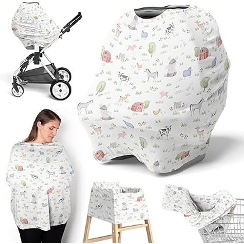 Sweet Jojo Designs Farm Animals Boy Girl Infant Baby Car Seat Cover Nursing Breastfeeding Shopping Cart Stroller Canopy Grey Red Black and White Gender Neutral Watercolor Farmhouse Green Barn Horse
