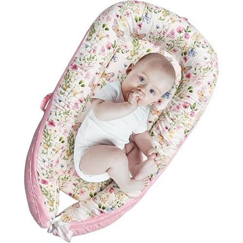 AMAWMW Baby Lounger for Newborn Infant Baby Nest Sleeper for 0-12 Months Portable Adjustable Washable Lounger Cover for Co Sleeping Removable Slipcover Lounger Pillow Floor Seat for Travel Essentials