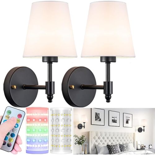 Battery Operated Wall Sconces Set Of Two, Wireless Battery Wall Light With 10000mAh RGB Rechargeable Magnetic Bulb, Rechargeable Wall Sconce With Remote Control For Bedroom, No Electrician Required
