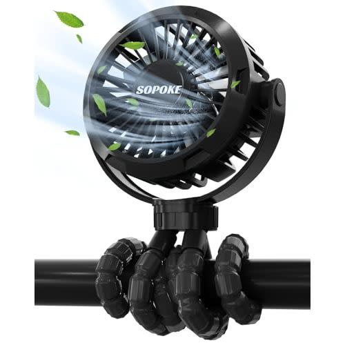 SOPOKE Mini Portable Baby Stroller Fan,3 Speed Personal Handheld Fan,Battery Operated Rechargeable 360° Flexible Tripod Cooling Fan, Suitable for Car Seat Crib Treadmill Golf Cart Travel(Black)