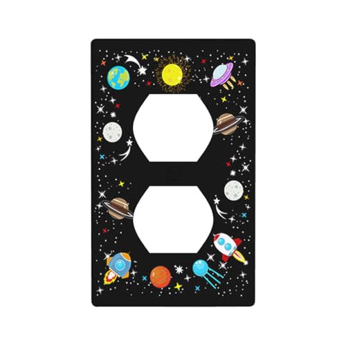 Moslion Sun Moon Earth Planets Outlet Covers Outer Space Galaxy Universe Rocket Stars 1-Gang Wall Plate Duplex Standard Receptacle Plug Cover Bedroom Bathroom