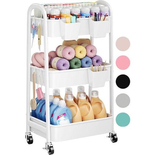 3 Tier Rolling Cart Metal with Wheels, Heavy Duty White Three Tiered Craft Cart Organizer on Wheels, Utility Roller Storage Carts for Art, Baby Nursery, Diaper Caddy, Snack,Book,Nail,Cleaning Supplies