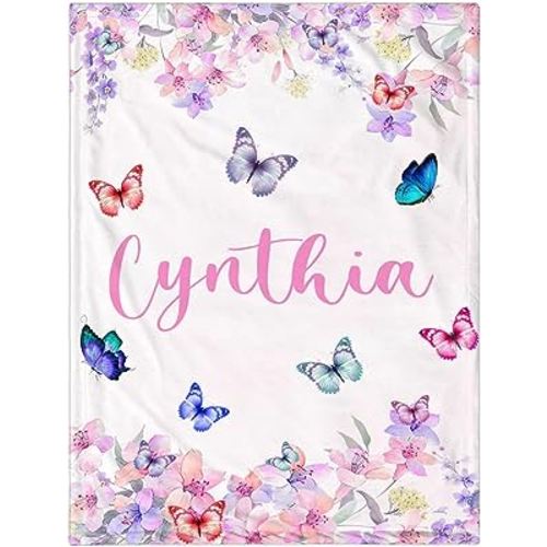 Personalized Baby Blanket for Girls, Custom Baby Blanket with Name, Soft Cozy Personalized Name Blankets for Kids, Custom Butterfly Blanket for Infant Toddler, Baby Blanket for Birthday