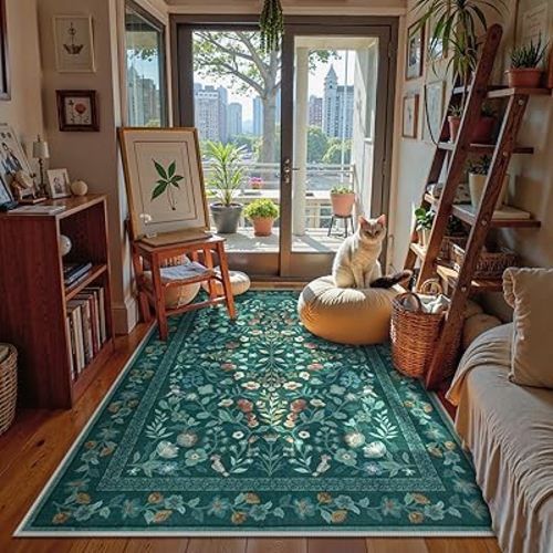 Lahome Floral Washable Rugs 5x7, Non-Slip Ultra-Thin Soft Green Area Rug Bedroom Carpet, Vintage Botanical Print Low-Pile Carpet for Living Room Kitchen Office, Dark Green
