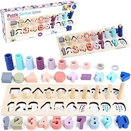 CozyBomB Wooden Number Puzzle for Kids - Montessori Toys for Toddlers Learning Age 3 4 5 Years Old - Wooden Counting Blocks Sorting Toys Shape Block Educational Toys Preschool Activities Stacking Toy - Macaroon