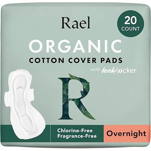 Rael Pads for Women, Organic Cotton Cover - Period Pads with Wings, Feminine Care, Sanitary Napkins, Heavy Absorbency, Unscented, Ultra Thin (Overnight, 20 Count)
