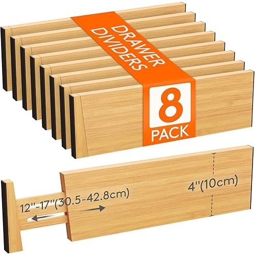 Lifewit 8 Pack Drawer Dividers Bamboo 4" High, 12-17" Adjustable Drawer Organizers for Clothes, Expandable Dresser Separators in Bedroom/Bathroom/Kitchen/Fridge/Office Organization and Storage