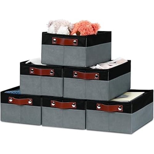 Bidtakay Collapsible Bins for Organizing - 6-Pack Hard Sided Closet Bins Cube Storage Baskets for Cabinet Pantry Organizer - Black & Grey