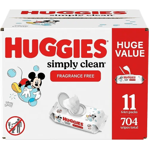 Huggies Simply Clean Fragrance-Free Baby Wipes, Unscented Diaper Wipes, 11 Flip-Top Packs (704 Wipes Total)